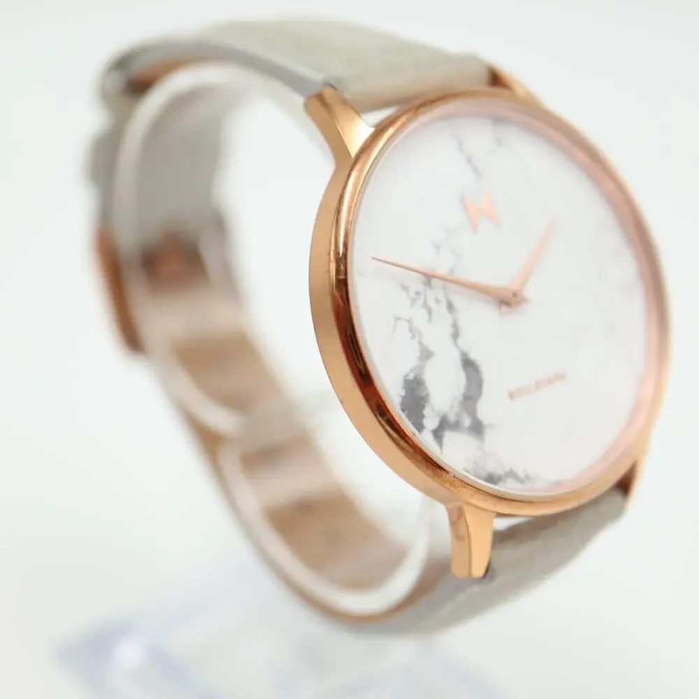MVMT Women's Beverly Marble Watch 38mm Rose Gold Tone Gray Leather w New Battery